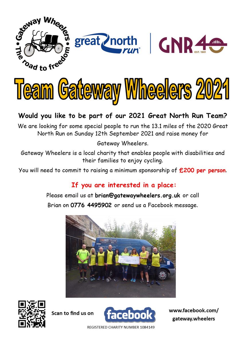 GatewayWheelers's tweet photo. Team Gateway Wheelers is still looking for runners for this years Great North Run on the 12th September 21 @Great_Run @TheNorthernEcho @radionewcastle #greatnorthrun #running @brianmilnerBEM #bbcolympics https://t.co/SqVoh1rSDE