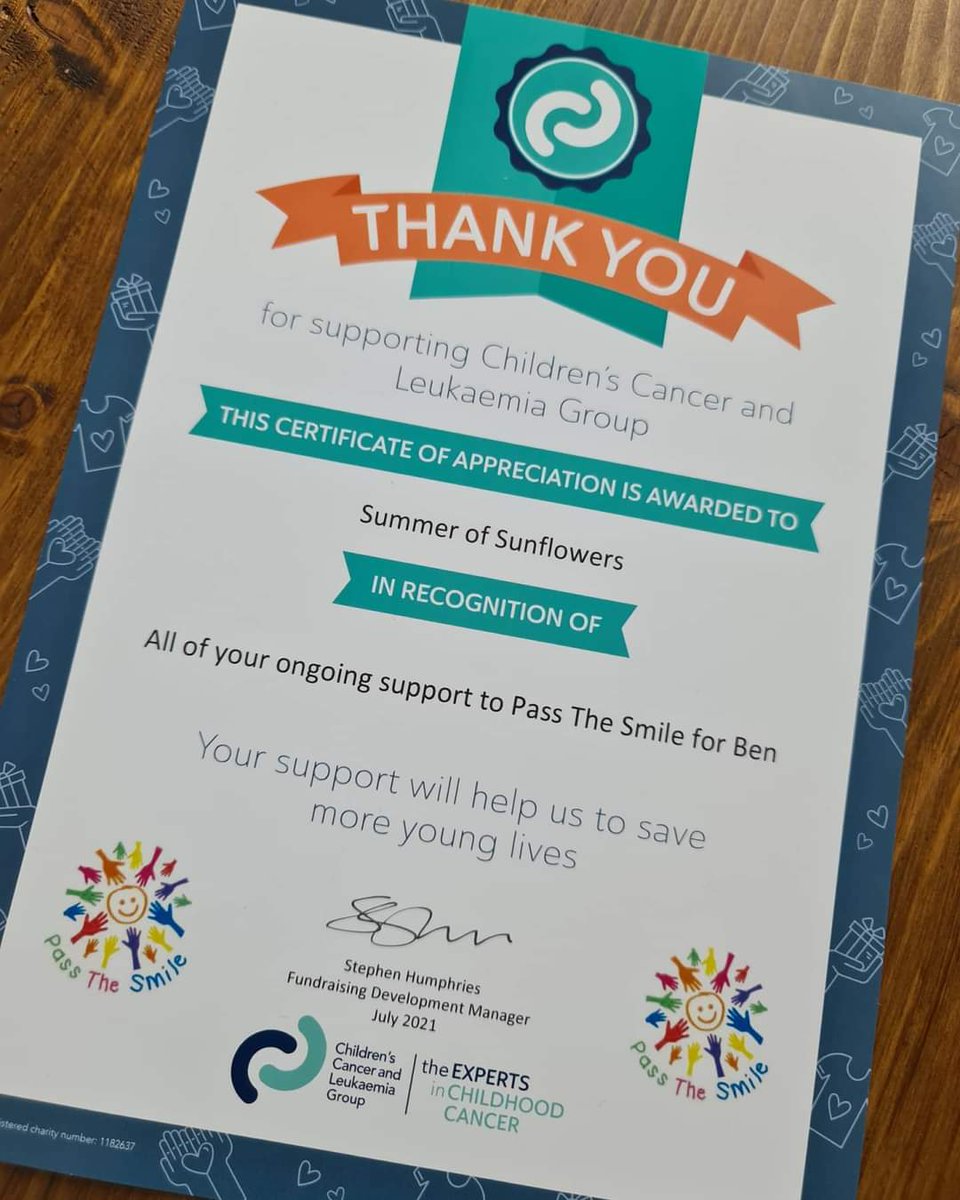 So proud to receive this from the wonderful and inspiring Crowther family as we continue to raise money for <a href="/PassTheSmileOrg/">Pass The Smile For Ben🎗🌻🐋</a> @cclg_uk 

We're going gold for Ben this September 🎗 Let's provide hope in our communities 🌻🌻

#summerofsunflowers #community #Coventry #earlsdon #hope
