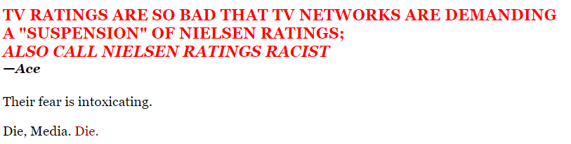 ComradeArthur's tweet photo. Faster, please.
https://t.co/6PayJMxeZR
"They're insisting that Nielsen is "undercounting" ... black and Hispanic viewers. They're certain their #WokeProgramming must be pulling them in by the millions, and Nielsen's numbers must therefore be wrong." https://t.co/BnvuhZTAIB