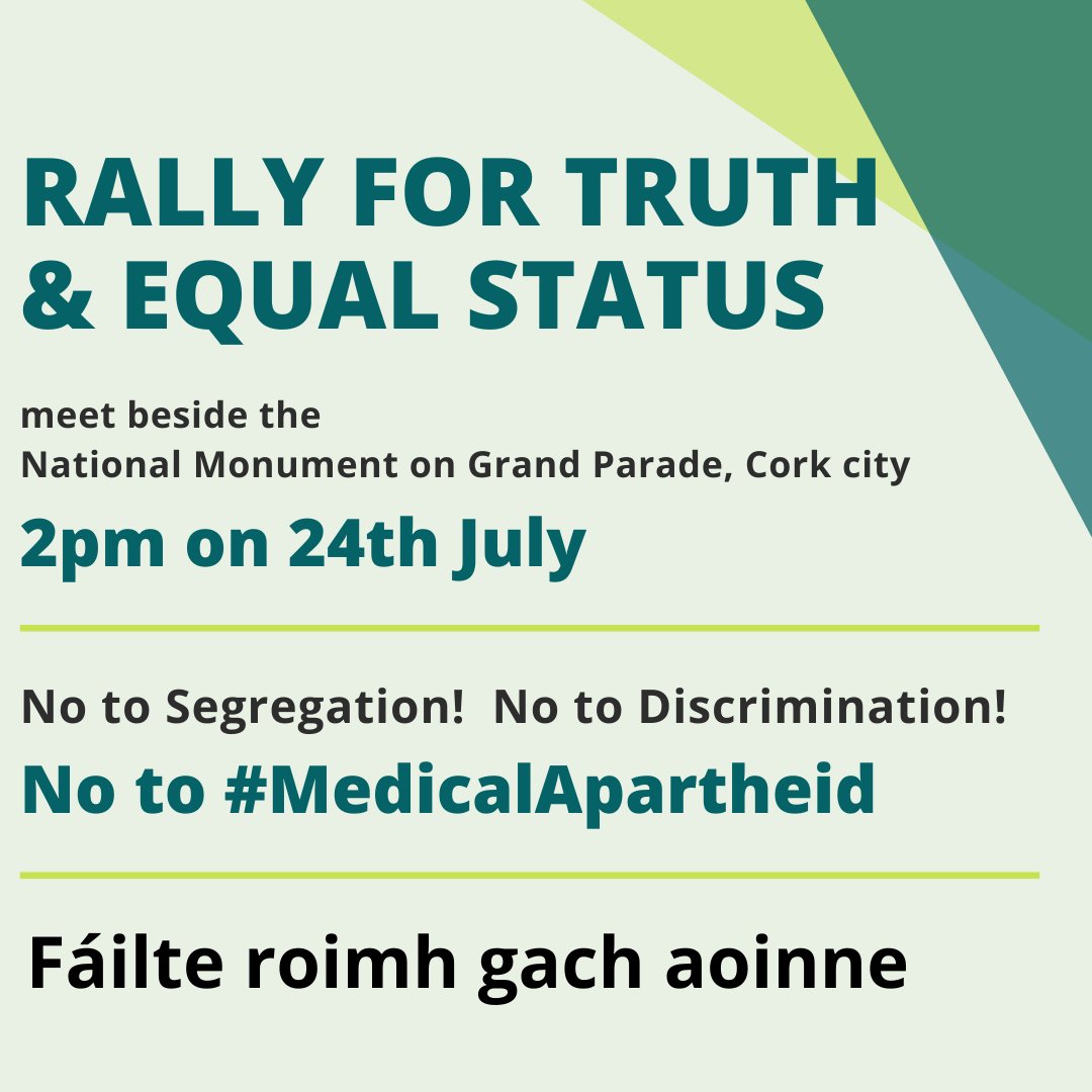 GraTire's tweet photo. To clarify, the Rally in Cork is NOT cancelled, we have no idea where such story has come from but please be assured we are proceeding as planned.
Meeting at 2pm beside the National Monument on Saturday (24th July), tomorrow.
No to #MedicalApartheid https://t.co/j26zdqOLDy