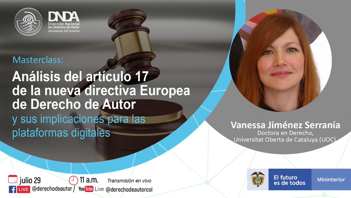 Derechodeautor's tweet photo. Los esperamos en la próxima #MasterclassDNDA, cuya experta invitada es la española y doctora en derecho, Vanessa Jiménez @vjserrania, quien analizará el artículo 17 de la nueva directiva europea de #DerechoDeAutor.
🗓️ julio 29
⏰11 a.m.
🌐YT: https://t.co/wz1tw38RHl https://t.co/XgtVzE2T1X