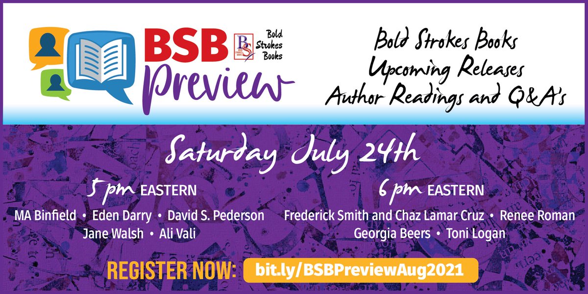 boldstrokebooks's tweet photo. Register now! #BSBPreview sneak peeks at our August releases. Streams live, totally free, registration required. https://t.co/rHTDfwxxnR
#queerbooks #lgbtqiaplusbooks https://t.co/N1WUgDg35v