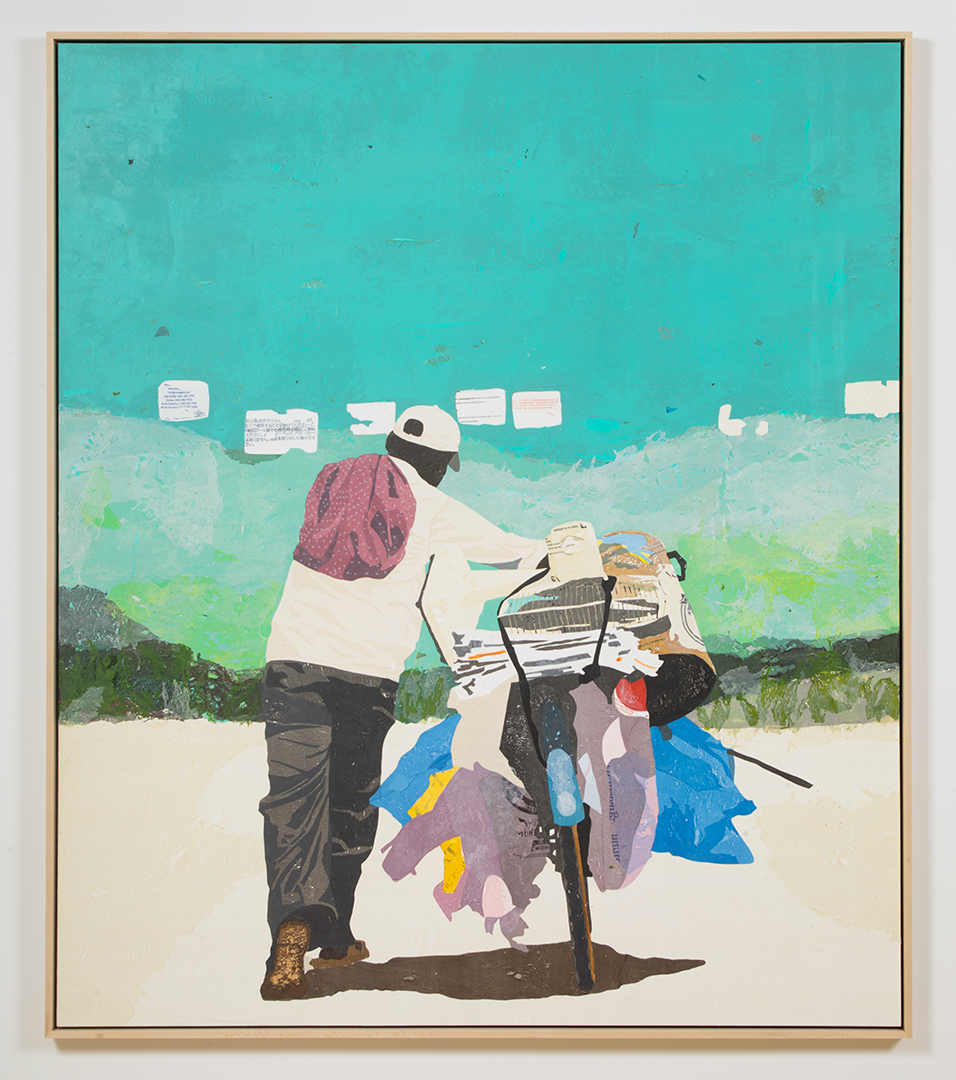 #WorkoftheWeek: Hugo McCloud’s back to the wall (2021) features a figure with bags perched on the back of his bicycle. The composition honors the worker as the protagonist in the ongoing battle of economic survival.