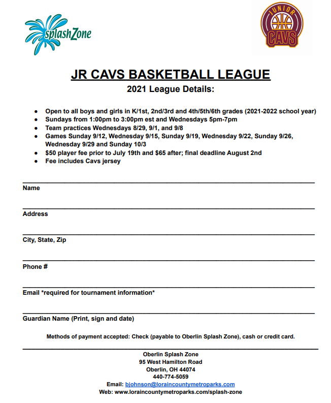 Jr. Cavs deadline now Thursday August 12th; first day is Sunday 8/29. Kids will learn the game, compete &amp; have fun. Reversible jersey is included in player fee. Contact us with any questions at bjohnson@loraincountymetroparks.com
Register online or at SZ. reservations.metroparks.cc/programs/58046/