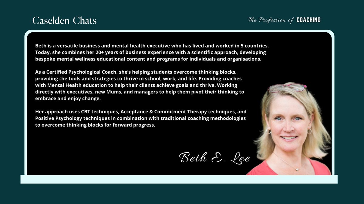 CaseldenConsult's tweet photo. #CChats Vol. 9 Guest Highlight - @BethELeeMSc
A versatile business & #mentalhealth exec who combines her experience with a scientific approach, developing bespoke content & programs.
Check out Beth in our most recent panel -
"The Profession of Coaching"
https://t.co/OaGI6HRw7y https://t.co/tIbvWsRe6Q