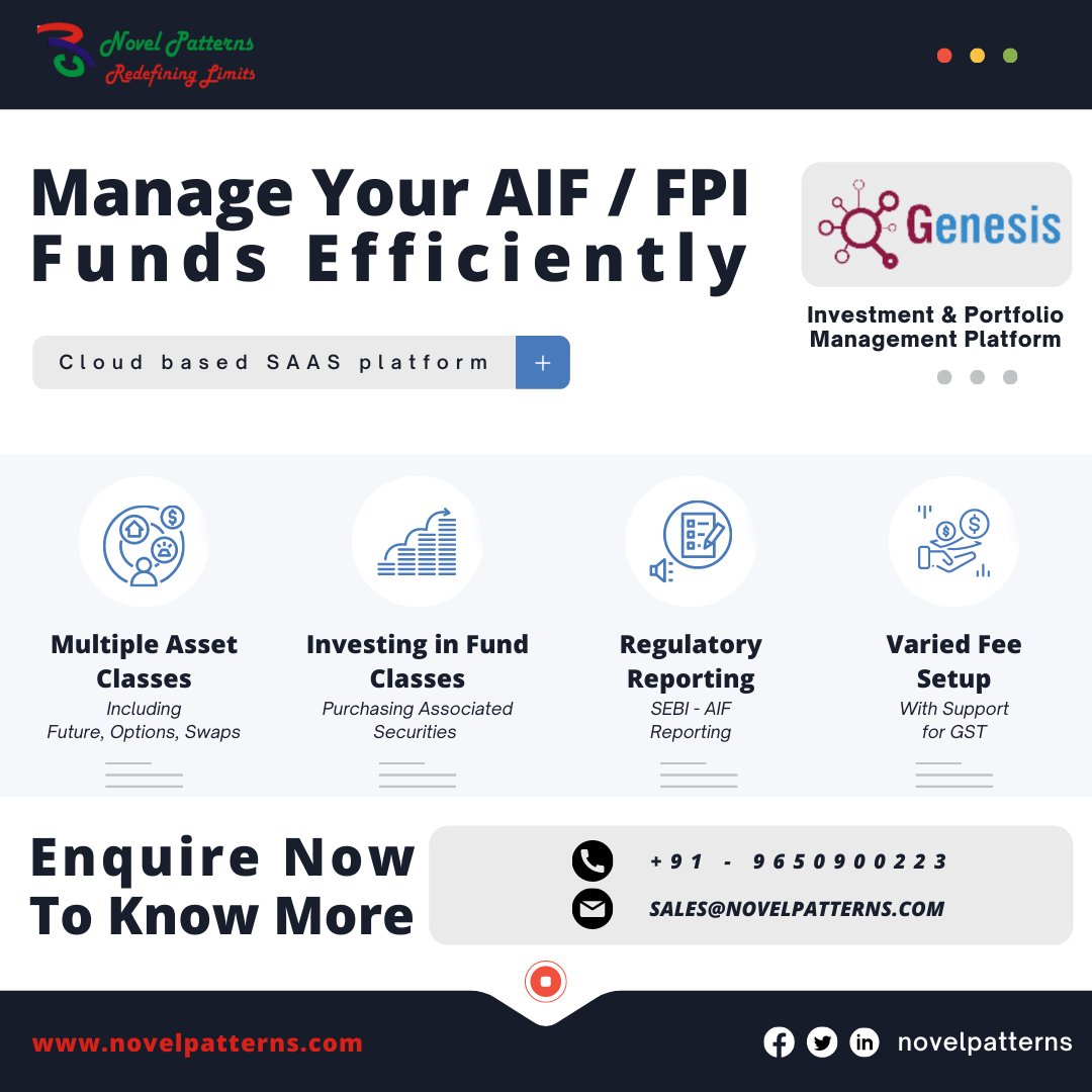 PatternsNovel's tweet photo. Call at +91-9650900223 to know how to create a healthy & substantial investor experience using #Genesis.
#NovelPatterns #alternativeinvestmentfund #foreignportfolioinvestment #assetmanagementsoftware #wealthmanagementsoftware #fundaccounting #fintech #bfsi
2/2 https://t.co/SRp50JmXg8