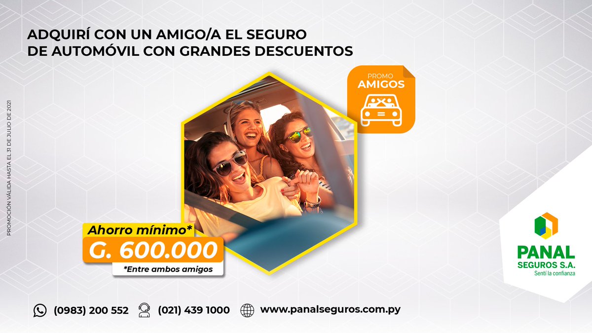 panalseguros_sa's tweet photo. ¿Ya le hablaste a tu amigo/a sobre la #PromoAmigos? 🤔
Recordá que entre los dos acceden a un ahorro mínimo de G. 600.000, y si son socios de la Cooperativa Universitaria o Cooperativa Lambaré, ¡ambos acceden a un descuento extra del 5%! 🚗 💯

Leé más en: https://t.co/12534rMj9q https://t.co/fOPizdXeR1