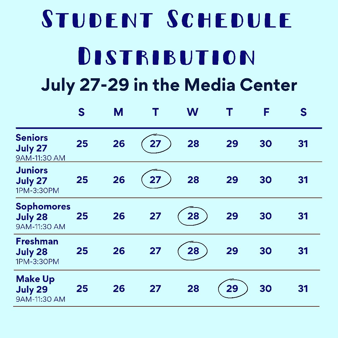 WeAreWoodmontHS's tweet photo. Students may pick up their schedule in the media center during the designated time: 
Seniors: July 27 9AM-11:30AM
Juniors: July 27 1PM-3:30PM
Sophomores: July 28 9AM-11:30AM
Freshman: July 28 1PM-3:30PM
Make Up Day: July 29 9AM-11:30AM

#wearewoodmont https://t.co/DRmYPv2wX1