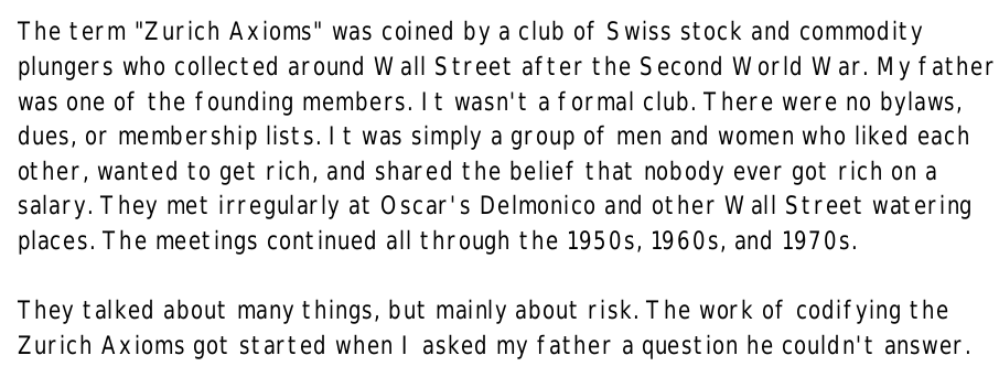 arbedout's tweet photo. Tweeting these out to reference later: 

The 12 major and 16 minor axioms that make up 'the Zurich Lessons', on speculation and risk.

"The Axioms apply, in short, to any situation in which you put money at risk in order to get more money..."

Warning, fortune cookie feels ahead: https://t.co/KV1u6JxRN5