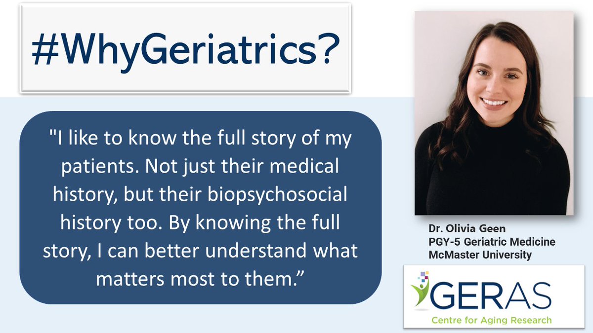 GERAScentre's tweet photo. #WhyGeriatrics Dr. Olivia Geen @geen_olivia completed her medical school and internal medicine training @McMasterU.
Currently, she is a PGY-5 #Geriatric Medicine Resident @MacDeptMed, and is avidly interested in the #biopsychosocial model of health. https://t.co/DxcyoJpxwS