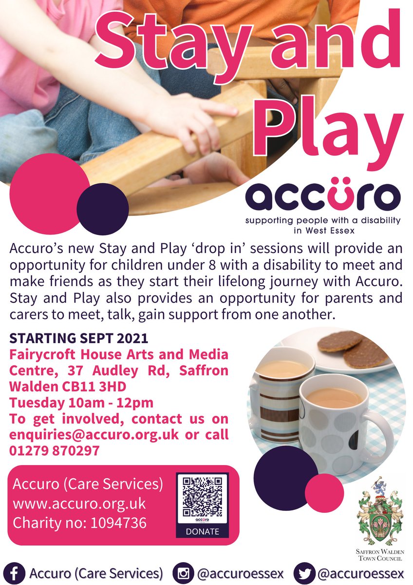 Have you heard? 
We're launching a brand new service for children aged under 8 with a disability. 
Stay and Play will launch in Saffron Walden in September - please contact us to enquire on enquiries@accuro.org.uk