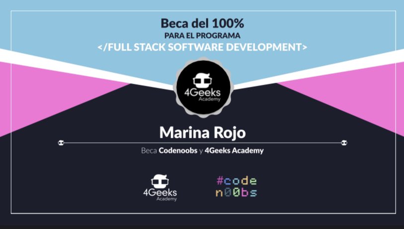 Ya puedo decir que me han dado la beca para realizar el bootcamp de Full Stack Software Development en @4GeeksAcademyES Mil gracias a <a href="/CodeNoobs/">CodeNoobs</a> y @4GeeksAcademyES por confiar en mí. Estoy feliz con el nuevo reto. Ahora toca prepararse.