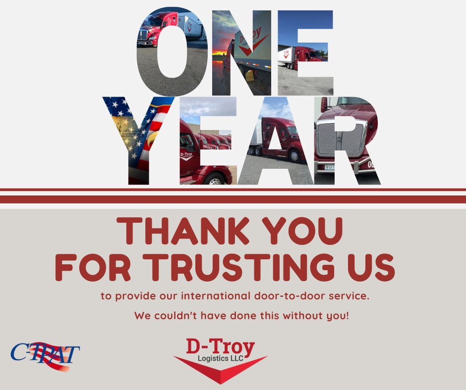 dtroylog's tweet photo. Your trust in allowing us to serve your #international #transportation needs is greatly appreciated. Thank you!
One year and counting!
https://t.co/eCXpulYZnD | 469 730 2119
#doortodoor #freight #Cargo #trucks #trade #logisticssolutions #logistics #MEX #USA #border #carrier https://t.co/LyN1E9oVwD