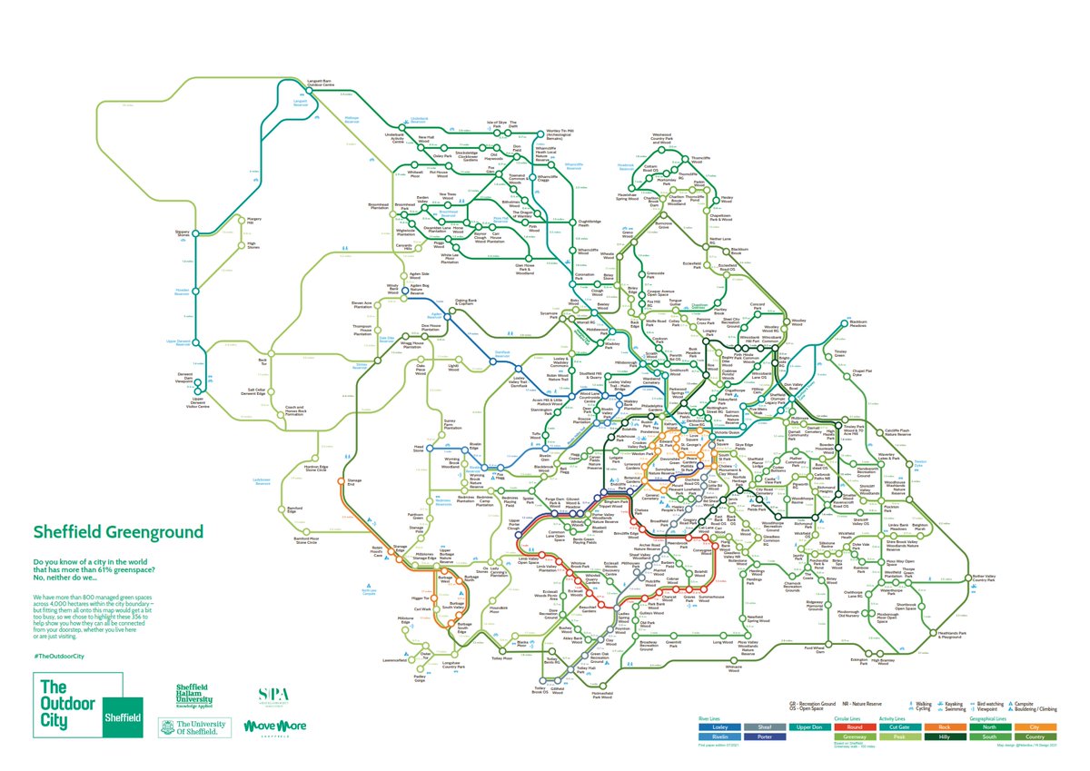 Sheffield's outdoor version of an underground map - the Greenground Map! #Sheffield has over 800 green spaces, 300+ of which are recognised in this piece celebrating the #OutdoorCity and Love Parks Week. See the full resolution version at: theoutdoorcity.co.uk/blog/read/2021…