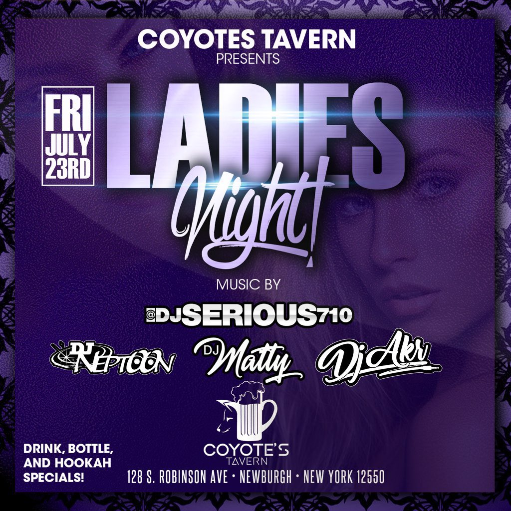 NGEevents's tweet photo. Tonight is ladies night at @Coyotes_Tavern music by @DJSERIOUS710 #djmatty @djnept00n #djakr https://t.co/wH3fRi4r9b