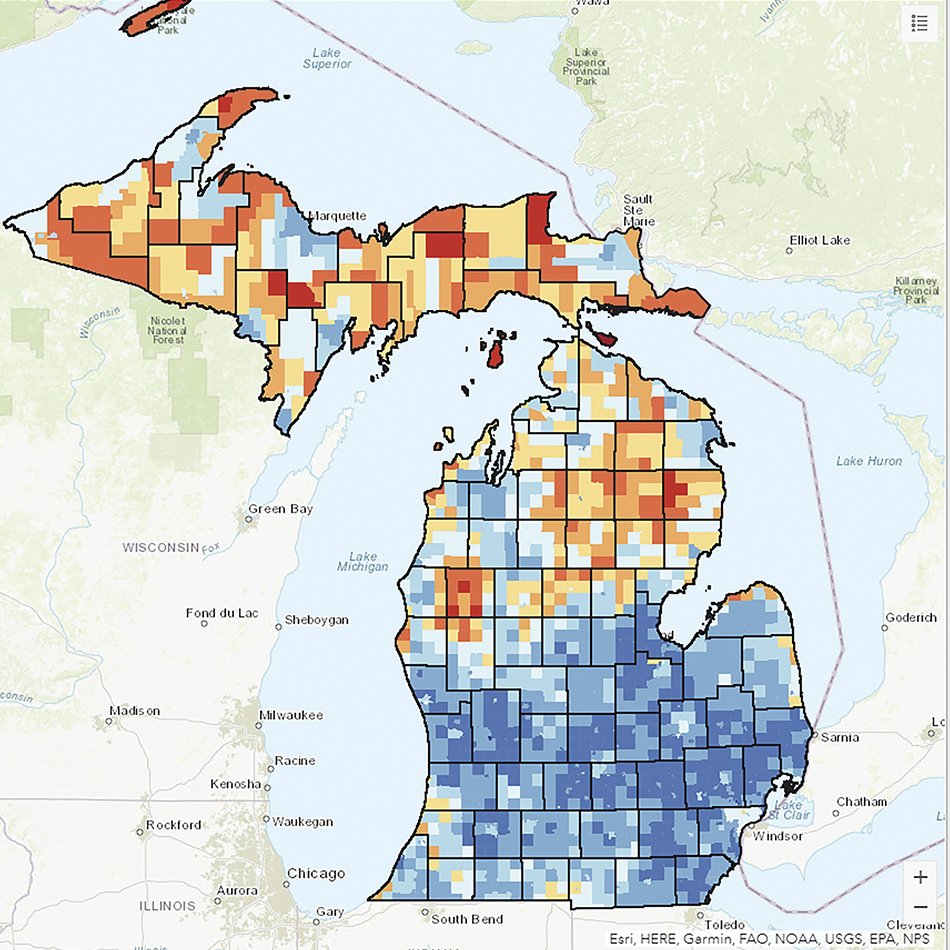 Our GIS &amp; Data Manager, <a href="/TDRose32/">Troy Rosencrants</a> has had a map featured in the <a href="/Esri/">Esri</a> Map Book Volume 36. To view the digital version of the Map: esri.com/en-us/esri-map… 
To partner with our GIS Center to visualize your data or better understand your community contact Troy at rosencra@umich.edu