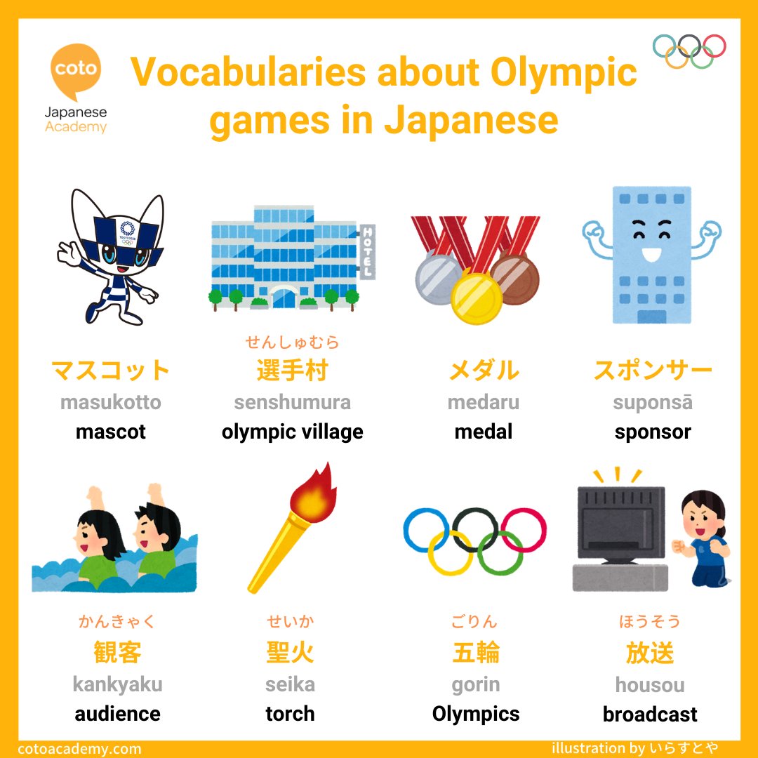 Coto Japanese Academy Japan Tokyo Olympics Guide Japanese Language And Culture T Co Mqst4dpwxv Japan Japanese Learnjapanese Kanji Tokyo Tokyolife Olympics Games Mascot Medal Sponsor Audience Torch Broadcast