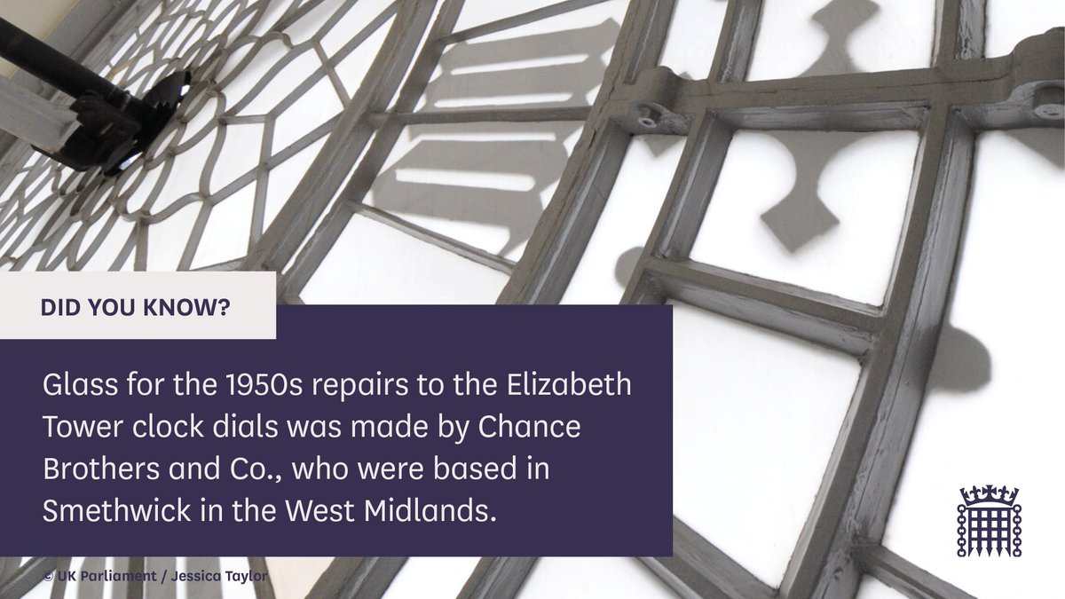 Did you know? 

Glass for the 1950s repairs to the Elizabeth Tower clock dials was made by Chance Brothers and Co., who were based in Smethwick in the West Midlands. 

#RestoringBigBen 

For more Big Ben facts, sign up to our newsletter ➡️ eepurl.com/dz0ub5
