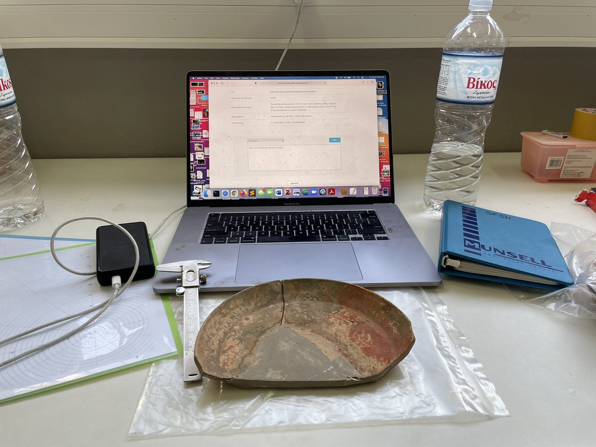 kenchreai's tweet photo. Only slightly staged view of editing the published info of an Eastern Sigillata A Hayes Form 4 of late 1st Century BCE. Measure, describe, enter, repeat. And drink a lot of water. https://t.co/l4mXwbYdVX