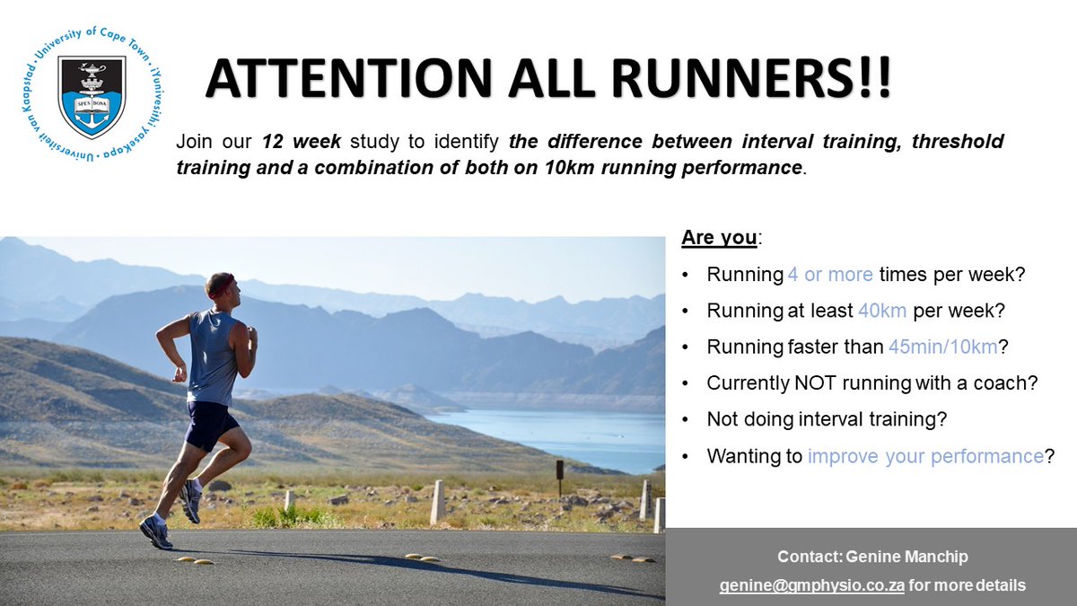 Hello runners!! We are looking for runners to join our 12 week running study. This study is part of a UCT masters programme. Please contact me via email for more details or if you fit the criteria and would like to join. #runners #running #roadrunning #roadrunners #virtualstudy