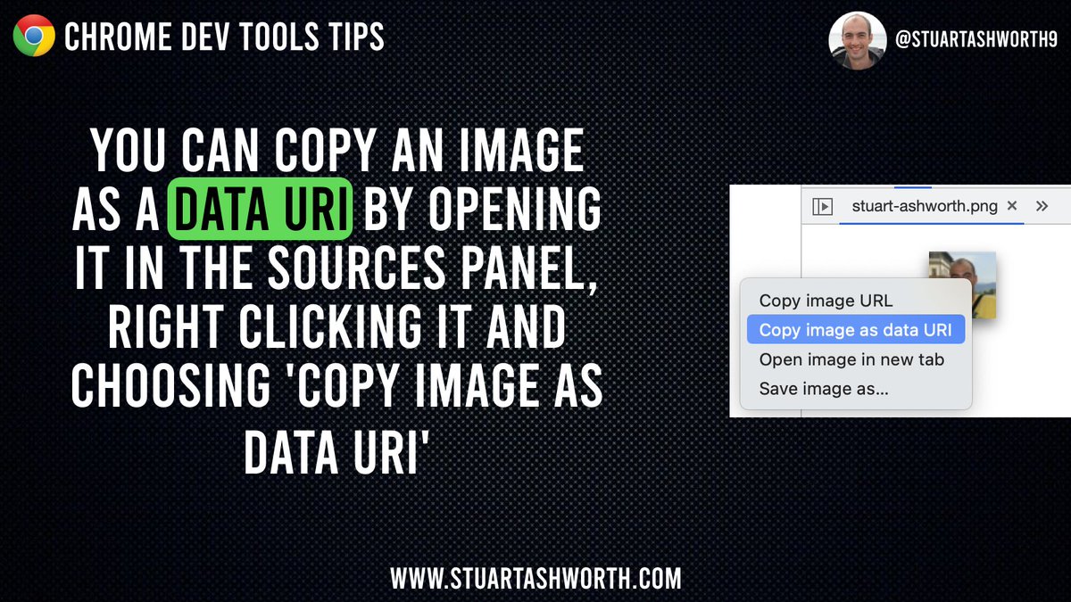 stuartashworth9's tweet photo. 💡Chrome Dev Tools tip (#30!): You can copy an image as a data URI by opening it in the Sources panel, right-clicking it and choosing the 'Copy image as data URI' option. Easy! #chromedevtools #javascript https://t.co/odOU5Z25hL