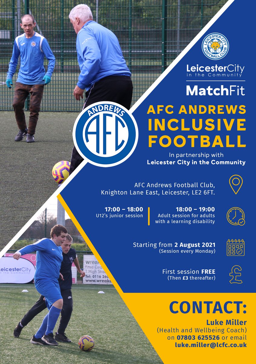 Checkout AFC Andrews Inclusive Football Sessions for Adults with a Learning Disability, please share in your networks, great opportunity to get fit, have fun and make new friends 😀⚽️🥅  <a href="/LCFC_Community/">Leicester City in the Community</a> <a href="/MenphysUK/">Menphys</a> <a href="/mencap/">chris</a> <a href="/ActiveLeicester/">Active Leicester</a> <a href="/RidersBF/">Leicester Riders Foundation</a>
