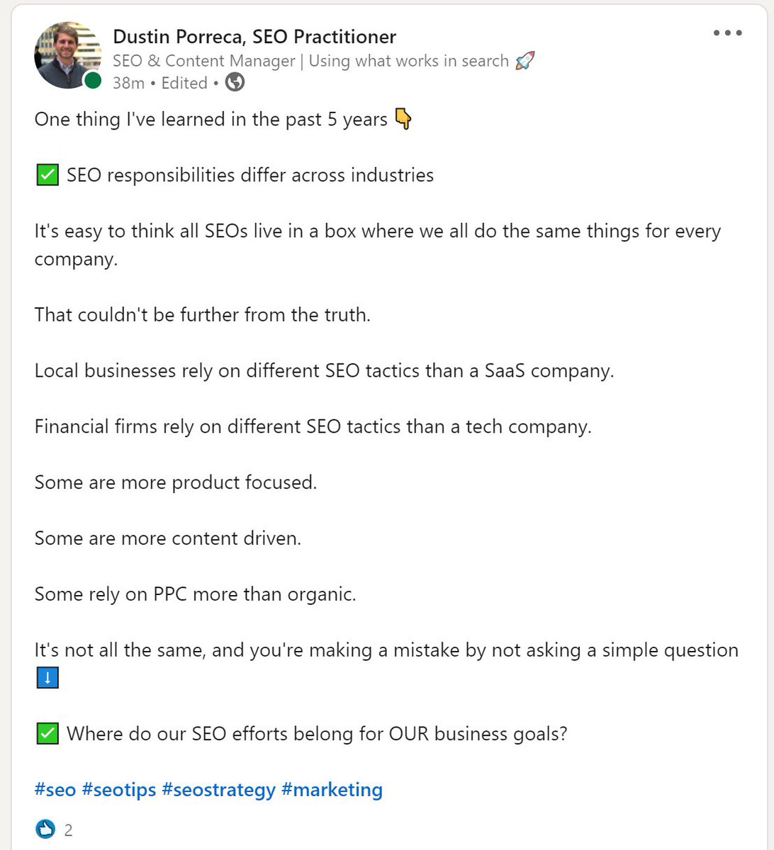 All #seo efforts are not created equal. 

Different companies rely on different tactics - so be sure to ask yourself one quesion:

"Where do our SEO efforts belong for OUR business goals?"

#seotips #marketing #seoDP