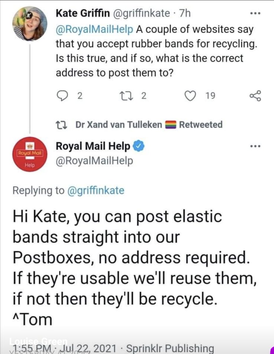 TTerracycle's tweet photo. @RoyalMailHelp OK these two have appeared on a recycling page, do you collect from post boxes, reuse or recycle rubber bands. Some posties don't know if you do! Can you please clarify. Thanks https://t.co/peqqihv6k8