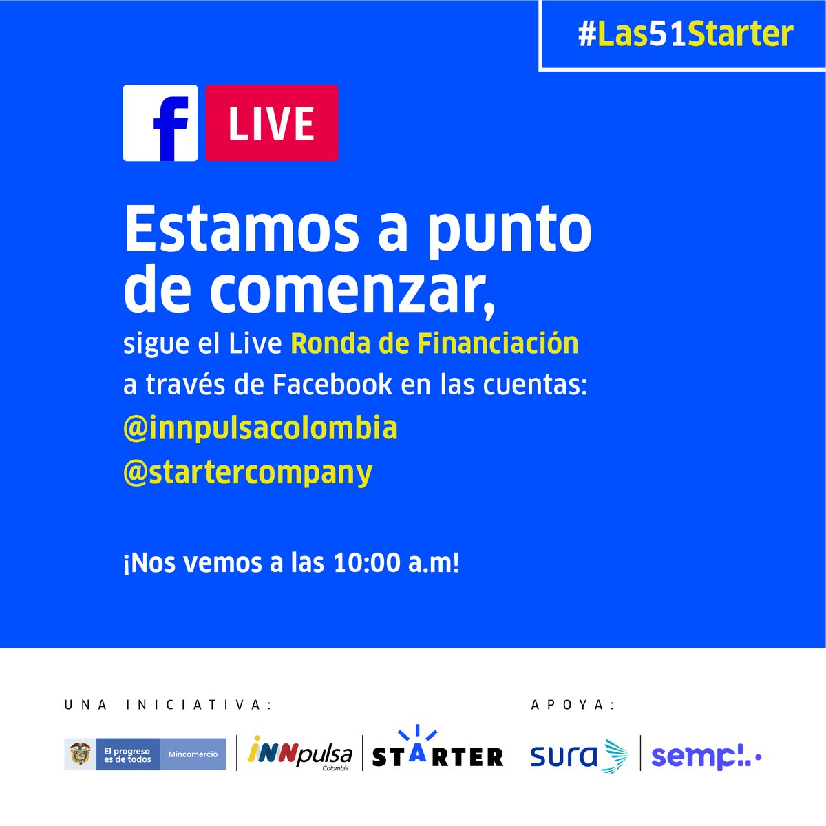 InnpulsaCol's tweet photo. 📢 Conéctate a las 10:00 am en el Live "Ronda de Financiación" y acompaña las 7 Startups participantes de #Las51Starter que buscarán una oportunidad de financiación para sus emprendimientos.
¡Te esperamos!
Conéctate en 👉 https://t.co/KRgYA4kgt0 https://t.co/mUimpoAIbV