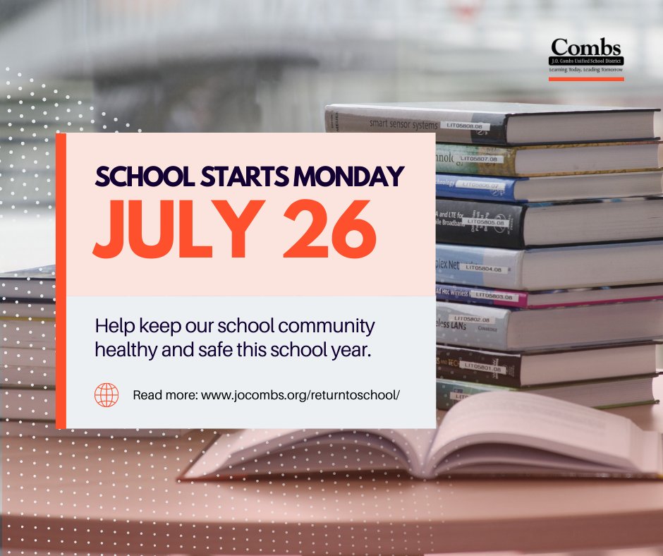 JOCombsUSD's tweet photo. It's almost here! 🎒✏️ School starts Monday, and we can't wait to see your faces! We know keeping our school communities healthy is important to all of us, so be sure and review our COVID mitigation strategies here: https://t.co/o9vbWvyks0 #ChooseCombs https://t.co/3DJkvzhxeE