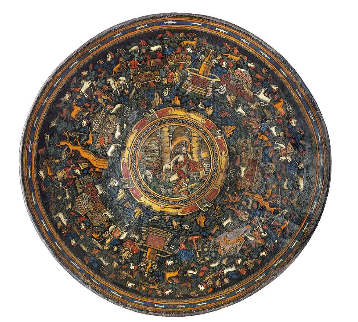 HSAmuseum's tweet photo. Batea, Mexican lacquer on wood. Peribán, Michoacán, Mexico, ca. 1650 https://t.co/9azDm6bHPd