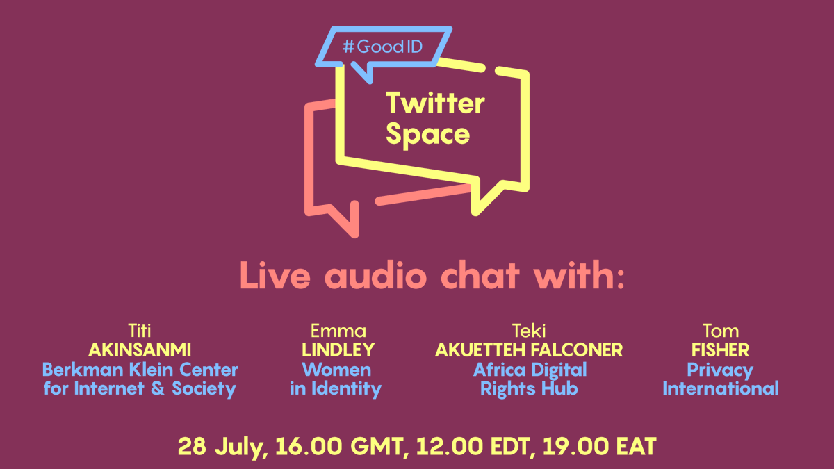 GoodID's tweet photo. Listen to the GoodID Twitter Space on July 28 at 16:00 GMT! 👂

In a live conversation facilitated by @jessicafigueras, @EmLindley, @TomSamaki, @Nuerteki, &amp; @titiakinsanmi will discuss digital ID schemes through a global lens 🌍

#GoodID👍🆔 #GoodIDChat https://t.co/5PFGL6uWAG