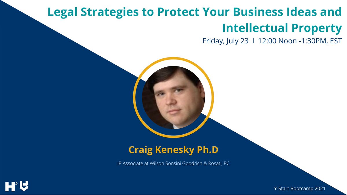 Today's workshop at Y-Start Bootcamp is on Legal Strategies to Protect your Business Ideas and Intellectual Property hosted by Craig Kenesky, Ph.D.

Join us with the Zoom link below:
us02web.zoom.us/j/89307242347 

#YSTART2021 #Innovation #startup #VentureCapital #Digtialhealth