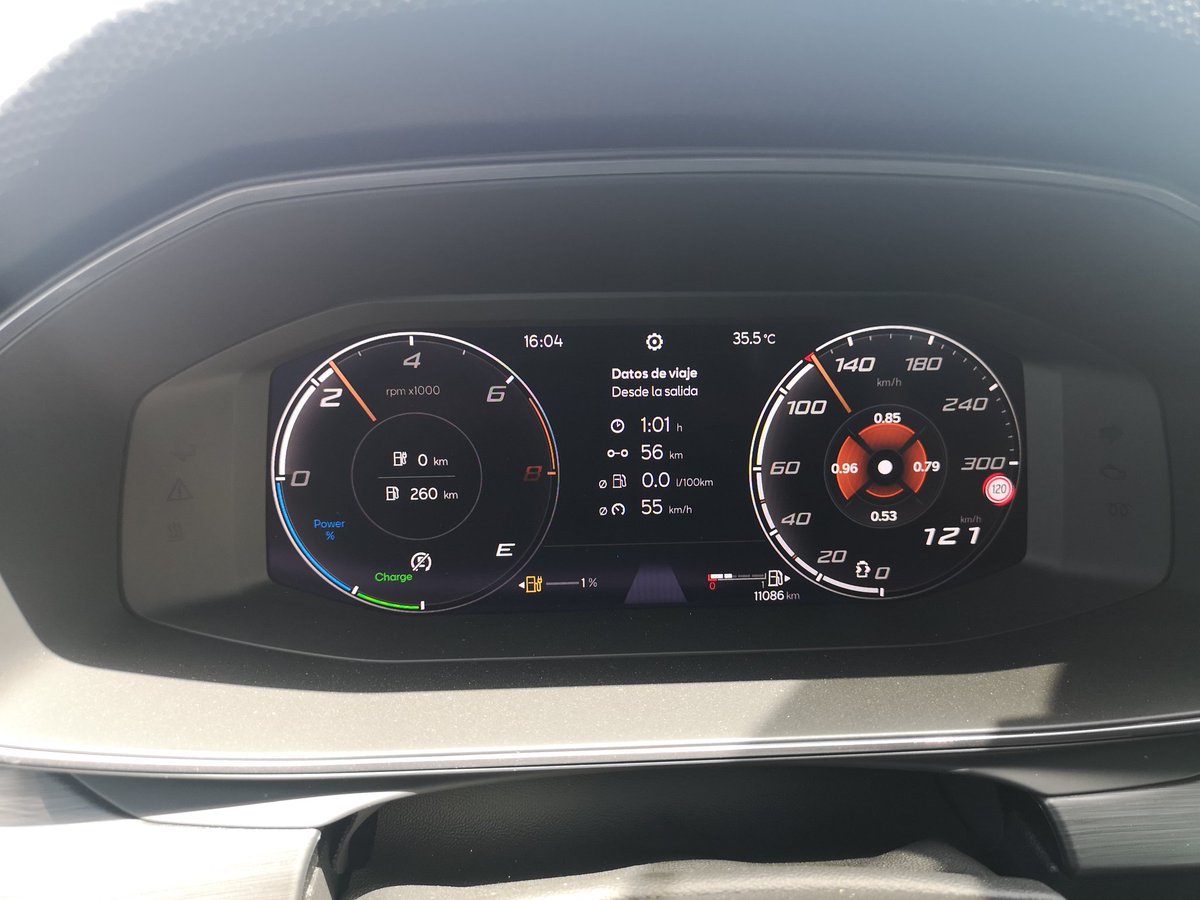 CARandGAS's tweet photo. Y tras 56 km recorridos en modo 100% eléctrico comenzamos a consumir sin plomo. Lo cierto es que mola ver el consumo a 0,0. Empieza a coger sentido el enchufable 😉👍👍 #CupraLeonST #Phev245 @CUPRA_esp @CUPRA https://t.co/hmcnuoqaCH
