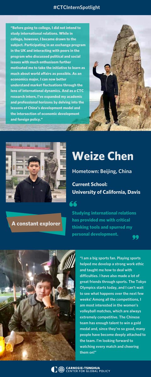 CarnegieChina's tweet photo. 🌟| #CTCInternSpotlight: Weize Chen
Weize, a Summer 2021 Carnegie–Tsinghua Young Ambassador on the research team, shares how he came to study international relations and which #Tokyo2021 Olympic event he’s most looking forward to watching. https://t.co/IgmzPTOAJa