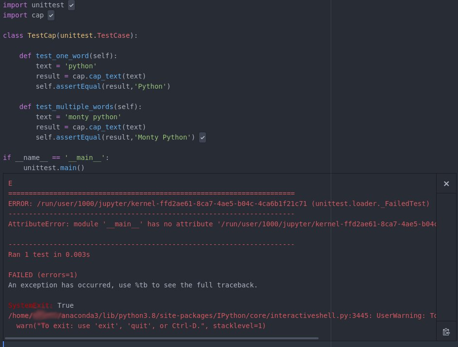 SteveisCoding's tweet image. R1:D28 - #Python #100DaysOfCode:
Struggled with unittest tests. I have both @ProjectJupyter, as well as @AtomEditor.
My cap.py file says:
def cap_text(text):
return text.title()
I get this for test_cap.py within Atom. It's fine through the command line.
