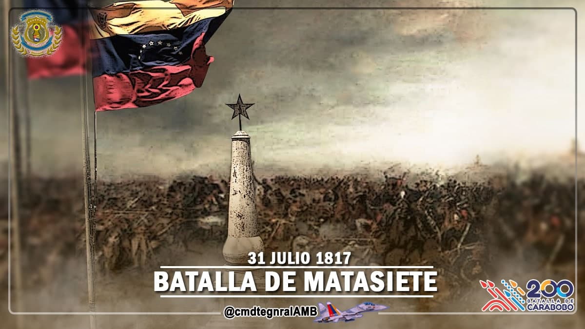 🗓️Tal día como hoy #31Jul de 1817 se llevó a cabo la Batalla de Matasiete, el enfrentamiento decisivo donde el heroico pueblo venezolano dirigido por Francisco Esteban Gómez derrotó en el Cerro Matasiete a las tropas españolas comandadas por el Gral. Pablo Morillo.
#FANB
