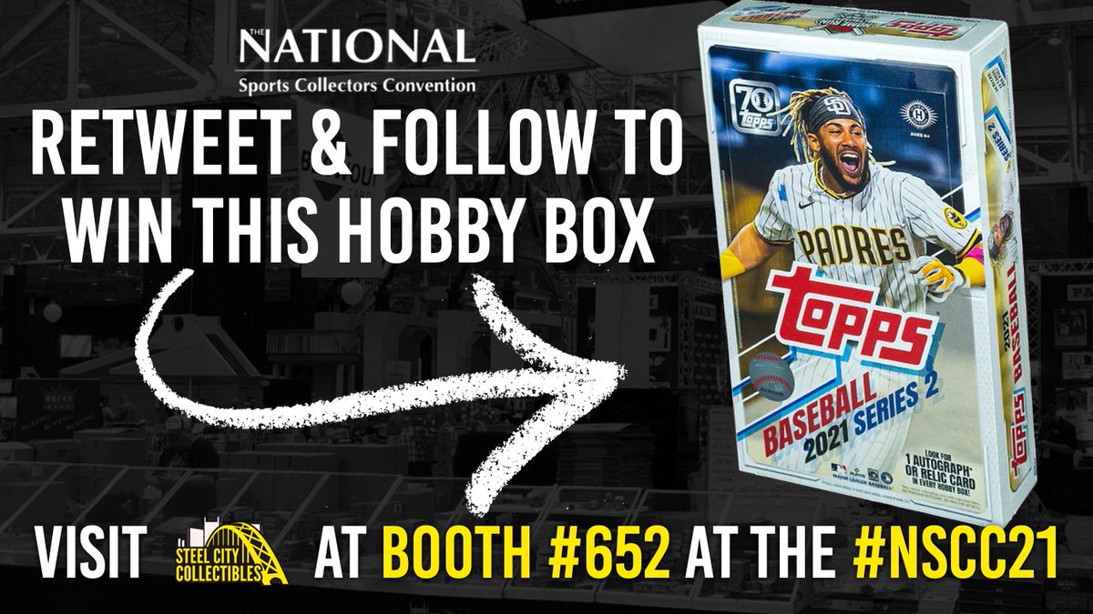 SCCTradingCards's tweet photo. Want a FREE 2021 Topps Series 2 Baseball Hobby Box? To enter:

1) RETWEET this tweet
2) FOLLOW @SCCTradingCards

Winner announced 7/27/21! Must be following to win!

Plan to visit Steel City Collectibles at Booth #652 at the #NSCC21! More info here: https://t.co/V2kEQCXHSx https://t.co/hA8R6LdM3j