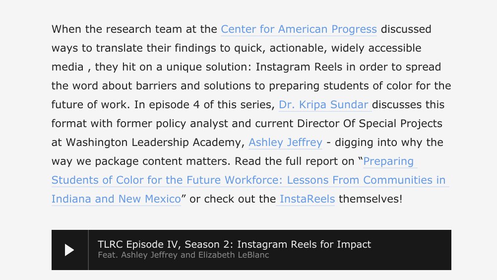 For episode 4 of our "Translational Research" podcast series <a href="/KripaSundar/">Dr. Kripa Sundar</a> interviews policy analyst and education leader Ashley Jeffrey on inclusive research, accessibility and equity, and using Instagram Reels to share findings widely. i4tlresearch.org/tlrc-translati…