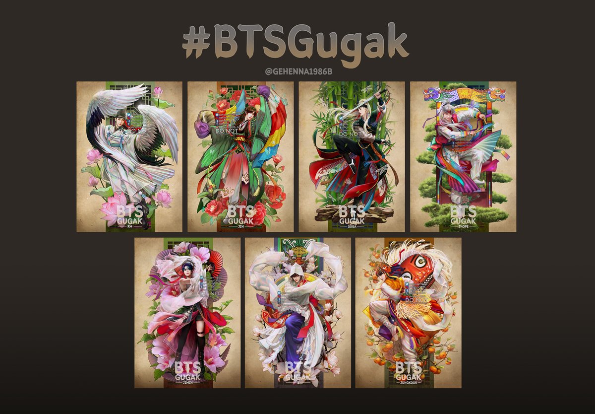 Gehenna1986B's tweet photo. #BTSFanart
Finally finished this art series #BTSGugak 
(Inspired by 7 traditional Korean choreographies/dance)

What do you think and which one you like the most? 😄
#RM #Namjoon #Jin #SeokJin #Suga #Yoongi #JHope #Hoseok #Jimin #V #Taehyung #JungKook #BTS #Fanart #Gugak @BTS_twt https://t.co/dfXIVd9Ya9