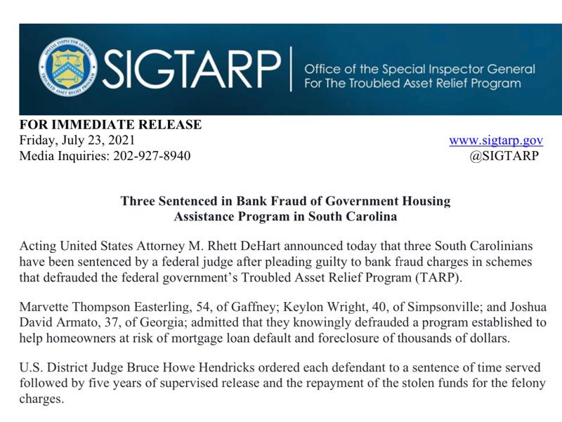 Three South Carolinians sentenced on bank fraud charges.  bit.ly/3zxNkFV