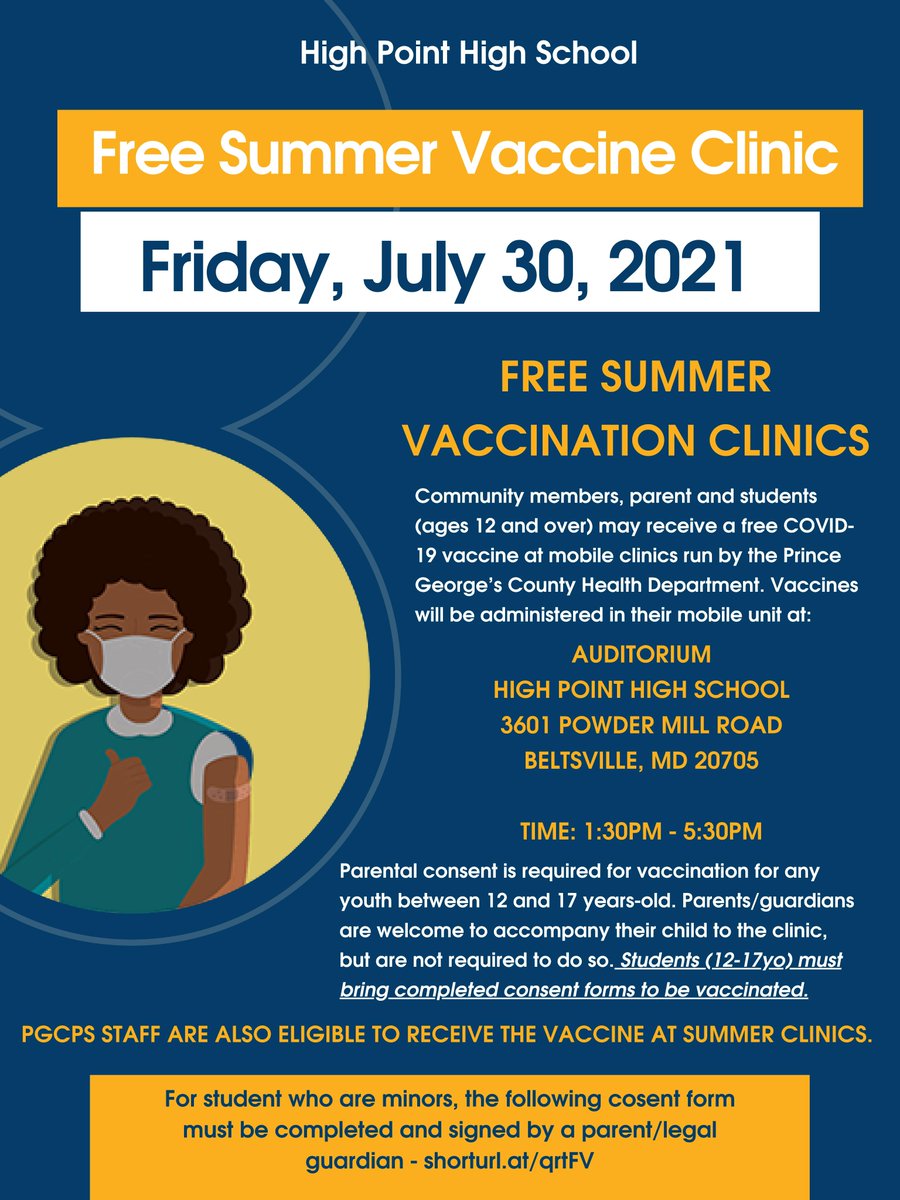 High Point HS (@highpointhigh) on Twitter photo We are hosting a covid-19 vaccine clinic for students, parents, and staff on July 30 from 1:30 to 5:30p in the auditorium. Please come get protected against covid-19. See link for more information: bit.ly/3iEIP5w
<a href="/pgcps/">PGCPS</a> <a href="/highpointssga/">HPHS SGA</a> <a href="/hphsdance/">High Point HS Dance</a> <a href="/HighPoint_AD/">High Point-Eagle Nation</a> We are hosting a covid-19 vaccine clinic for students, parents, and staff on July 30 from 1:30 to 5:30p in the auditorium. Please come get protected against covid-19. See link for more information: bit.ly/3iEIP5w
<a href="/pgcps/">PGCPS</a> <a href="/highpointssga/">HPHS SGA</a> <a href="/hphsdance/">High Point HS Dance</a> <a href="/HighPoint_AD/">High Point-Eagle Nation</a>