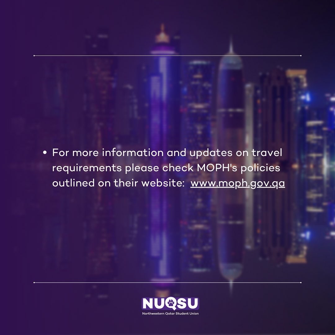 On July 20th NU-Q students received an email informing them of the updated policies for entering Qatar. 

Here is a summary of those policies. Please check your emails and MOPH’s website for more information. 

<a href="/NUQatar/">Northwestern Qatar</a> <a href="/NUQwildcats/">NU-Q Student Affairs</a>