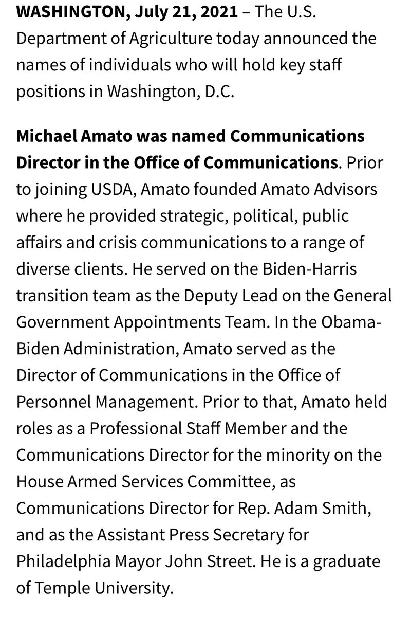 mjjamato's tweet photo. Some personal news, as they say. I’m excited to join USDA as Communications Director to help the Biden Administration Build Back Better. https://t.co/W2WUgTQyMT