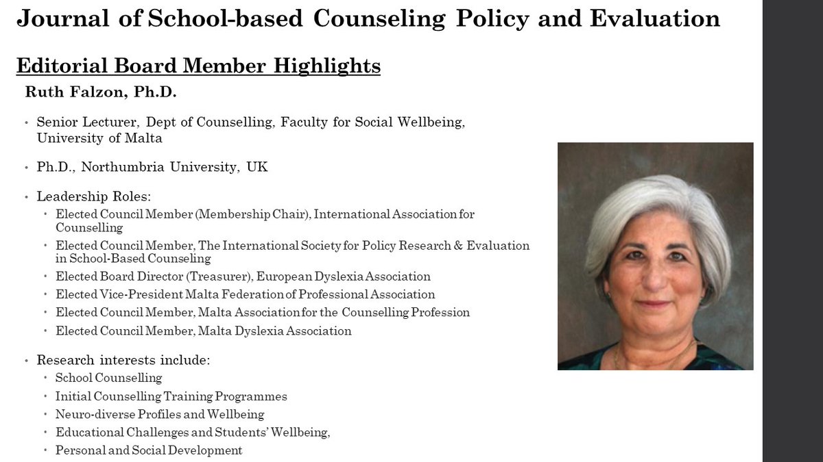 <a href="/JSCPEOnline/">JSCPE Online</a> has the best editorial board members! Meet Dr. Ruth Falzon and check out her background and research interests #scchat #counseloreducation <a href="/ispresc/">ISPRESC</a>  #internationalschoolcounseling