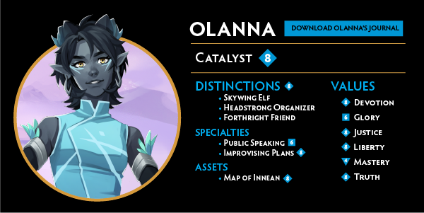 We're getting pumped for <a href="/TheDragonPrince/">The Dragon Prince</a> at <a href="/comiccon/">Comic-Con San Diego</a> today! To celebrate, we're bringing you the catalyst you voted for: Here's Olanna, ready to use in your next '#TalesOfXadia'! cortexrpg.site/olanna

Will you be watching #TheDragonPrince #ComicCon2021 panel?