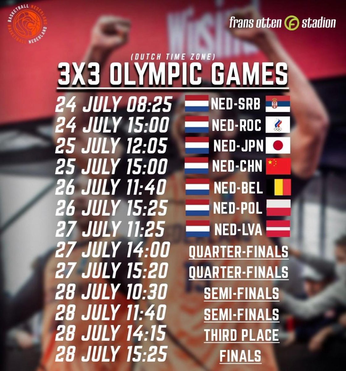 From the streets to the Olympics! Onze mannen 3x3 deden het en morgen begint hun Olympisch toernooi. Trots op wat we met 3x3 in NL hebben neergezet! 🏀🇳🇱🔥
Heel veel succes #OrangeLions! 🦁 #ReadyToRoar #WeHere #Tokyo2020