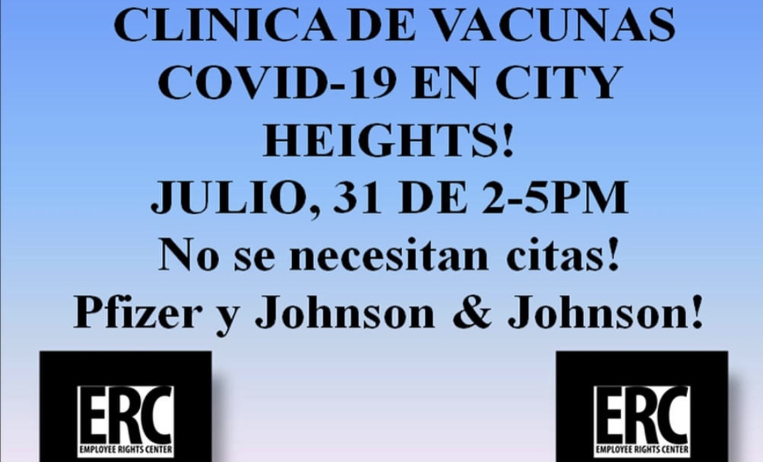 VACUNAS, DESPENSAS Y PAŇALES! 4265 FAIRMOUNT AVENUE (A LADO DE GASOLINERIA, CASI ESQUINA CON EL CAJON BLVD). Para mas informacion, favor de hablar al 619-995-8973. El Employee Rights Center (ERC) invita a toda la comunidad! #CoronaVirusUpdate