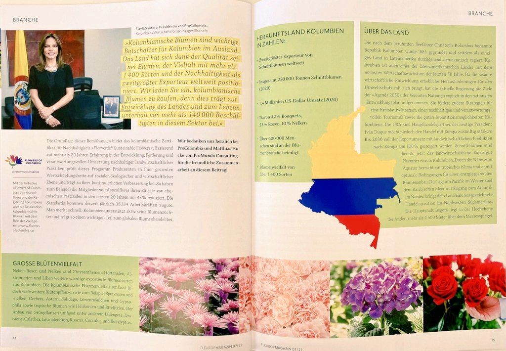 #FloresDeColombia en la edición de julio de @Fleurop_DE  // @PROCOLOMBIACO y @asocolflores le cuentan a Alemania y al mundo, de la diversidad, calidad y sostenibilidad del sector 🇨🇴🇩🇪