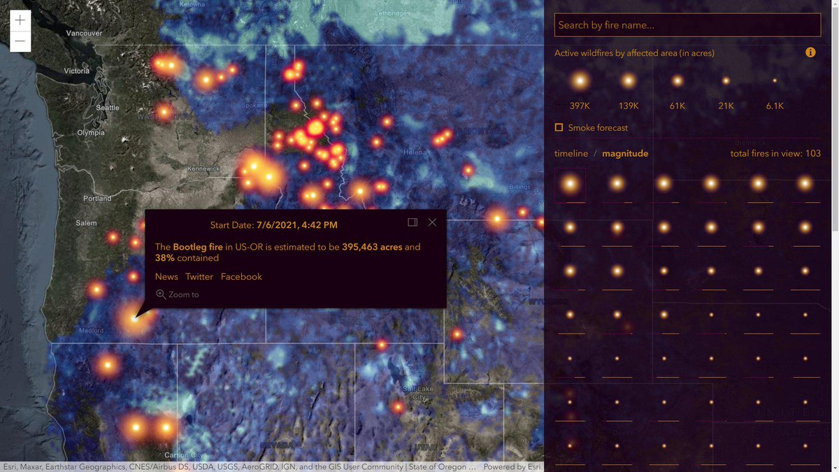 The USA Wildfires app tracks active fires and smoke forecasts in the U.S. Did you know, in the "magnitude" view, each fire's estimated containment is shown as a proportional line beneath its symbol? ow.ly/3M0R102QFKk